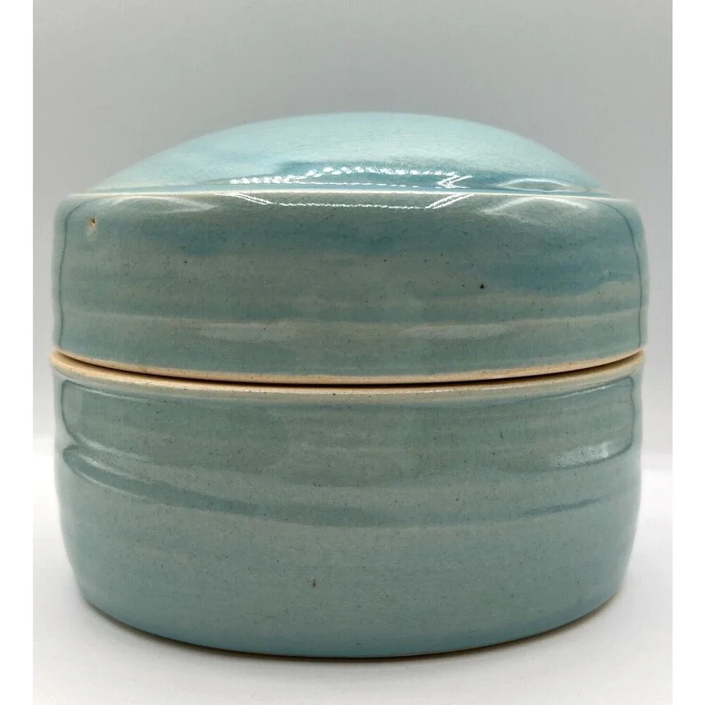 Covered Casserole Dish Oval Studio Art Pottery Aqua Blue Signed Marissa Unique